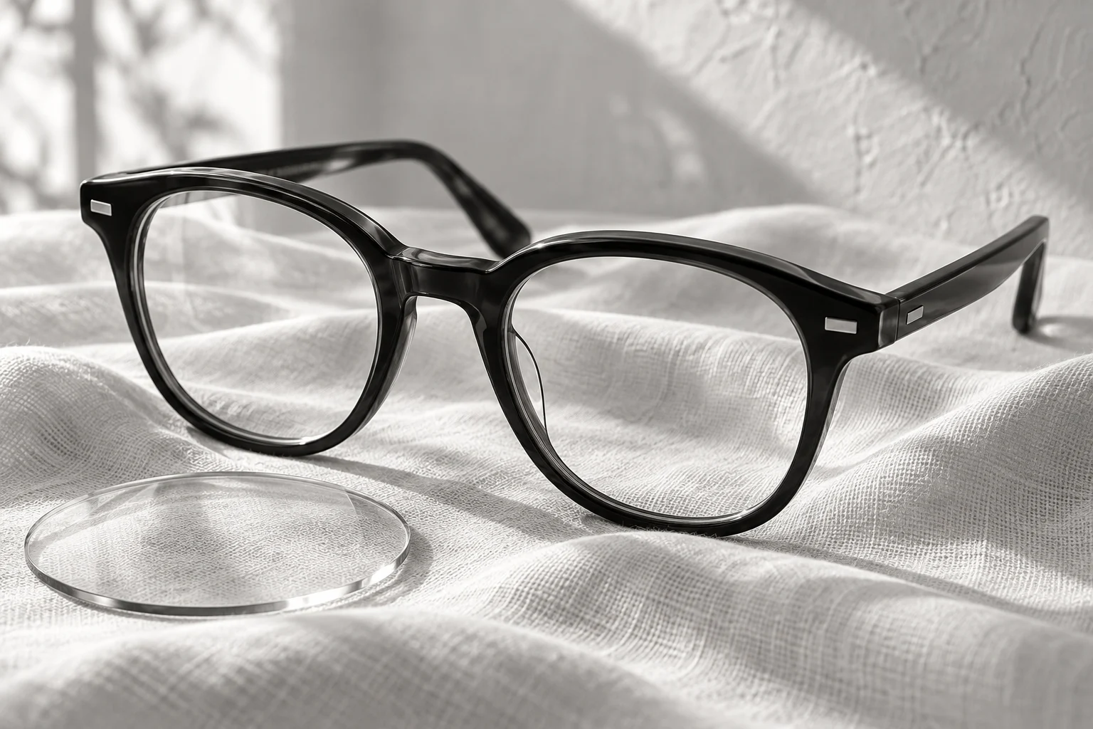 Dunkle Acetatfassung und ein transparentes Brillenglas auf hellem Leinen