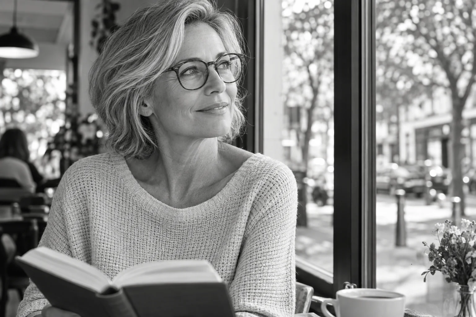 Frau mit Brille blickt von ihrem Buch durch ein Fenster in die Ferne