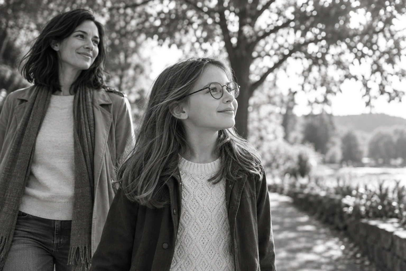 Kind mit Brille und seine Mutter gemeinsam draußen auf einem Parkweg