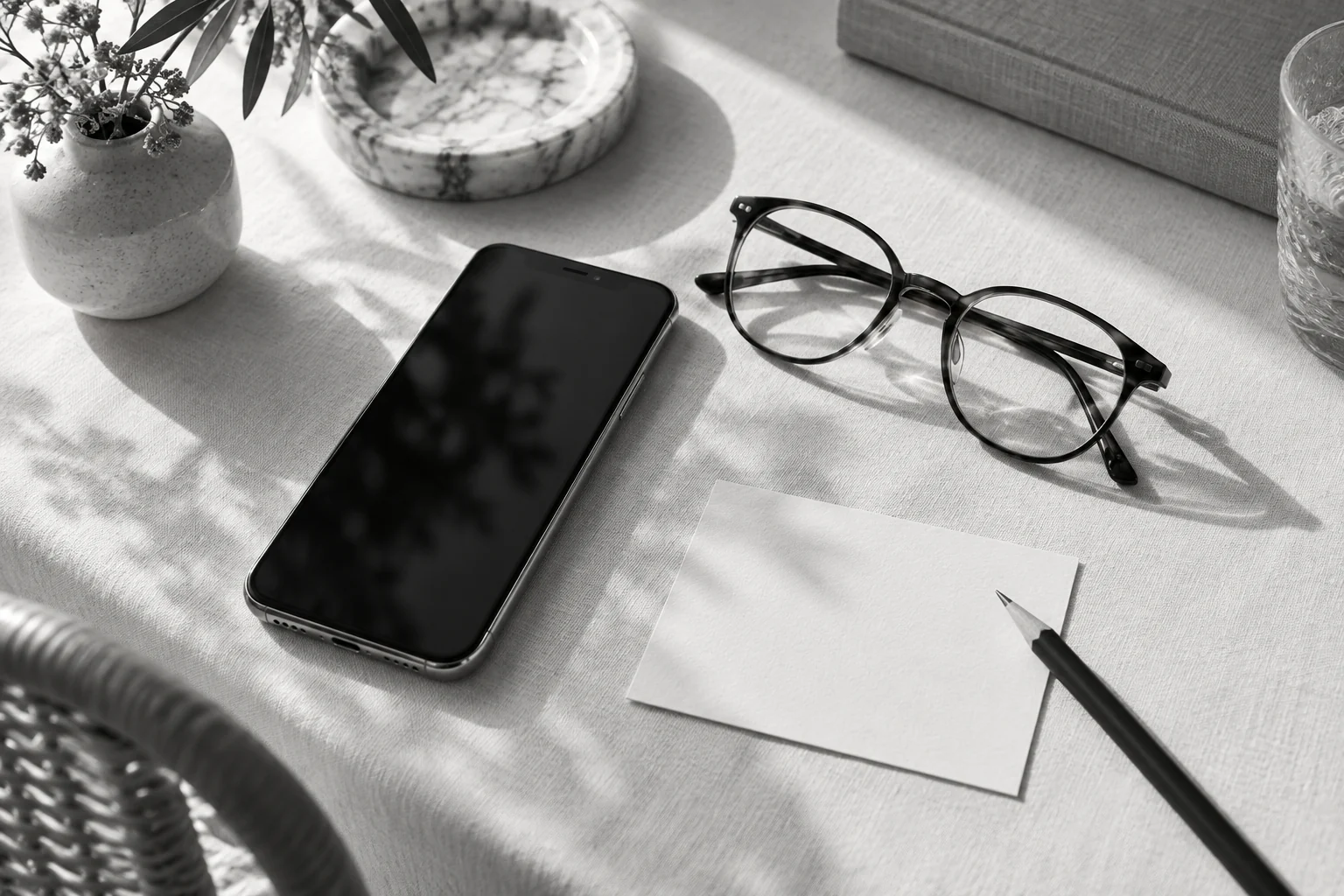 Telefon, Brille und eine leere Notizkarte auf hellem Leinen