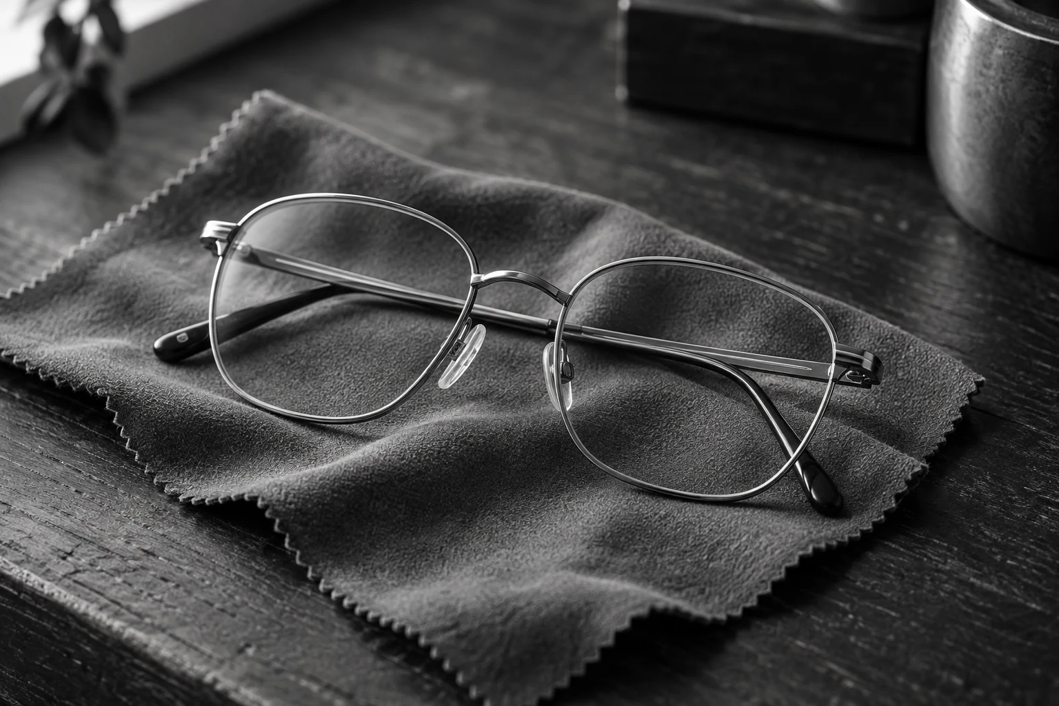 Metallbrille auf einem weichen Pflegetuch in Schwarz-Weiß